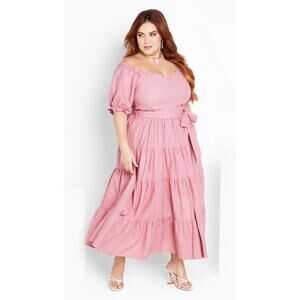 CCX CITY CHIC Women's Plus 16 Pink Blush Puff Sleeve Tier Maxi Dress Boho Girly